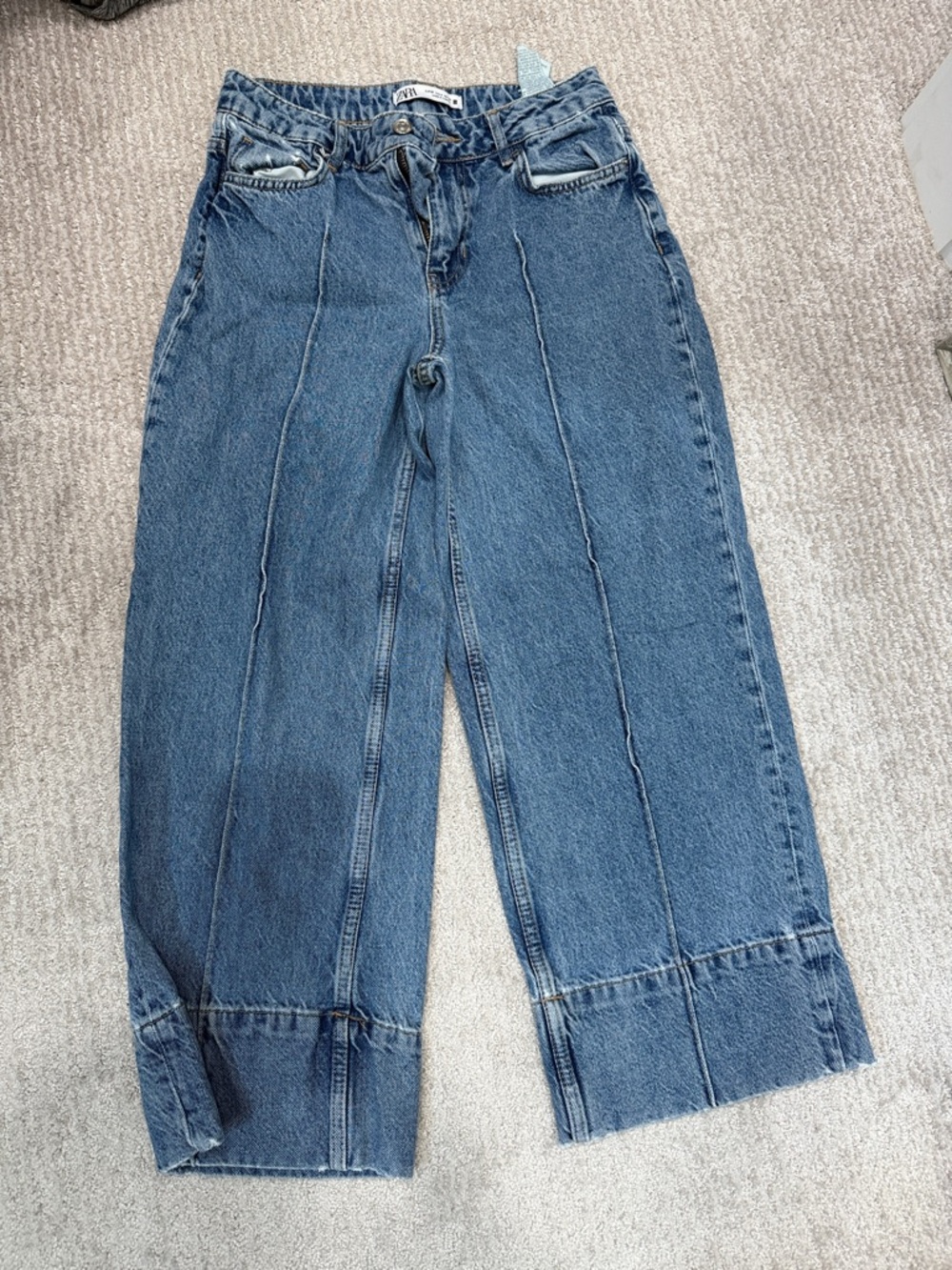 ZARA Mid-Blue Straight-Leg Jeans with Front Panel Detailing